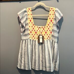 Anthropologie Yellow and Red Embroidered Blouse